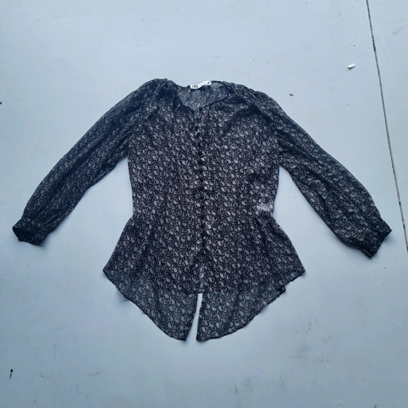 ZARA Paisley Boho Semi Sheer Long Sleeve Chiffon Blouse Lurex Black Buttons XS - Picture 3 of 12